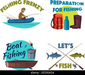 Boot Angeln Cartoon Icon Set. Fischer fischt vom Gummiboot mit Rute, Meer- und Flussfischen mit gekreuzten Spinnrute, Fischkittel, Holz Stock Vektor