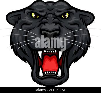 Schwarzes Panther Vektor Maskottchen. Brüllender jaguar oder Leopard große Wildkatzenschnauze mit scharfen Eckzähnen Kiefer und gelben Augen. Isoliertes Emblem-Design für den Sport Stock Vektor