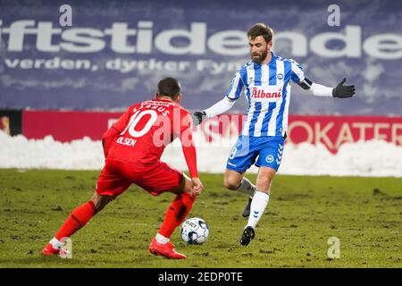 Odense, Dänemark. Februar 2021, 14th. Janus Drachmann (8) von ob beim Superliga-Spiel 3F zwischen Odense Boldklub und Aarhus GF im Nature Energy Park in Odense. (Foto Kredit: Gonzales Foto/Alamy Live News Stockfoto