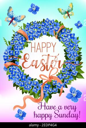 Osterkranz von Frühlingsblumen Grußkarte. Blaue Blumen von Forget-Me-Not, grüne Blätter, rosa Band, Bogen und fliegende Schmetterlinge Cartoon-Poster für Stock Vektor