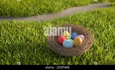 Ostern und Coronavirus-Konzept: Ein osternisten mit farbigen ostereiern und einem Coronavirus-Modell. Bleiben Sie sicher zu ostern. Stockfoto