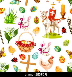 Ostern Urlaub Symbole nahtlose Muster Hintergrund mit Osterei, Kaninchen Hase, Frühlingsblume, Huhn, Eiersuche Korb, Küken, Lamm Gottes, Kreuz, Stock Vektor