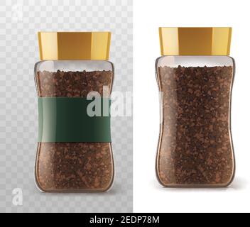 Kaffeeglas mit Instant-Kaffee-Granulat-Symbolen. Vector Container Paket mit braunem Deckel und Band Aufkleber isoliert auf weißem und transparentem Rücken Stock Vektor