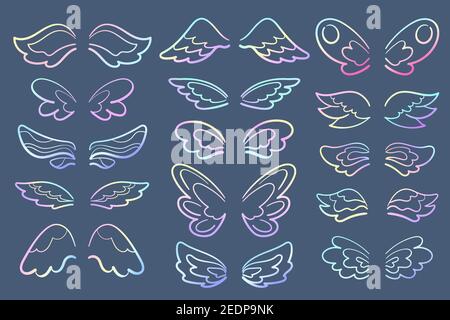 Regenbogen Cartoon Flügel Set, Vektor-Symbole auf blauem Hintergrund. Magische Flügel von Engel, Muse, Zauberin, Schmetterling, Fee Charakter. Comic Flügel Clipart Set Stock Vektor