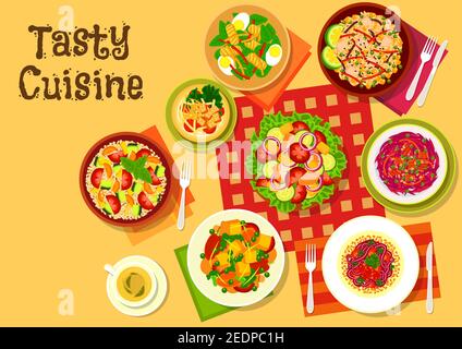 Salatgerichte Draufsicht Ikone mit Gemüsesalaten mit Käse, gebratenem Tofu und Speck, Obstsalat mit Croutons, Leberwurst-Eiersalat, Couscous Tomate zu Stock Vektor