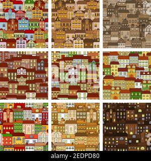 Häuser und Gebäude Muster gesetzt. Vektor nahtlose Muster von Tag und Nacht Cartoon Stadthaus mit Fenstern, Dach, Straße. Urban Stadt Retro-Architektur Stock Vektor