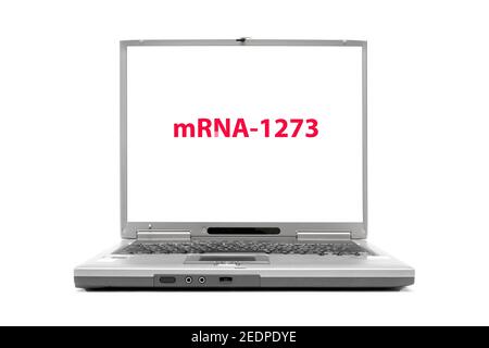 Laptop mit dem Wort mRNA-1273 auf dem Bildschirm, Codename des Covid-19-Impfstoffs von Moderna Stockfoto