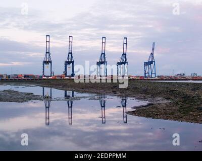 Der Hafen von Felixstowe Docks bei Sonnenuntergang zeigt Kräne und gestapelte Container. Stockfoto