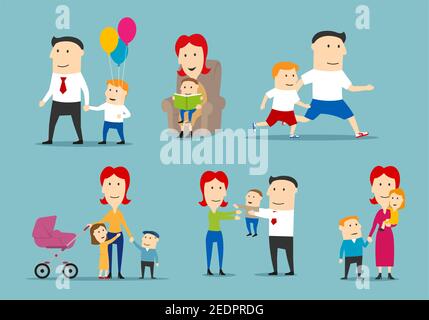 Happy family Set. Eltern und Kinder verbringen Zeit zusammen. Mutter, Vater, Sohn und Tochter lesen, spielen, spazieren gehen im Freien, joggen und feiern Stock Vektor