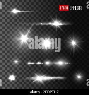 Sterne und Lichtblitze Vektor-Effekte auf transparentem Hintergrund mit funkelnden Sonnenstrahlen. Isoliertes Set von Glitter Glanz verschwimmt und Raum Funken oder lum Stock Vektor