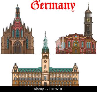 Deutsche Sehenswürdigkeiten in Nürnberg und Hamburg Architektur dünne Linie Ikone. Hamburger Rathaus oder Rathaus, Frauenkirche und protestantisches Barock Stock Vektor