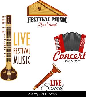 Live-Musik Konzert oder Festival Vektor-Symbole. Set von Musikinstrumenten Embleme von Gusli Harfe und Flötenpfeife, Akkordeon oder Bajan Harmonic, Laute oder biw Stock Vektor