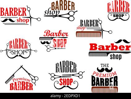Barbier Shop Embleme Set. Vektor-Symbole von Bärten und Schnurrbärte Rasiermesser und Haarschnitt Scheren und Haarbürstenkämme für Friseursalon, Premium hai Stock Vektor