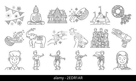 Songkran thailand Festival linear Icon Set. Thailändisches Wasser spritzt festlichen Tag. Stock Vektor