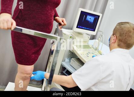 Ein Gefäßchirurg oder Phlebologe macht einen Ultraschall von Krampfadern auf den Beinen einer Patientin. Phlebologie, Thrombose, vaskuläre Sternchen. Stockfoto