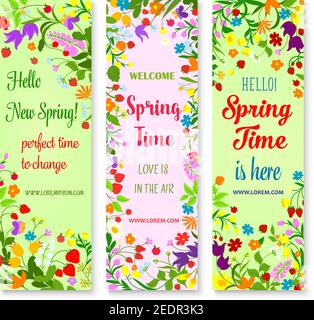 Hallo Frühling Grüße mit Blumen. Vector Banner mit willkommenen Frühlingszitaten und floralem Design. Frühling blühende Blumen Blumensträuße von Mohn und tu Stock Vektor