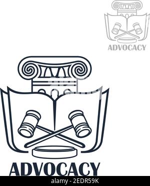 Anwaltskanzlei und Rechtsanwalt Dienstleistungen unterzeichnen. Advocacy Symbol mit Gesetz Buch und gekreuzten Richter Schläger für Anwaltsbüro und Kanzlei Design Stock Vektor