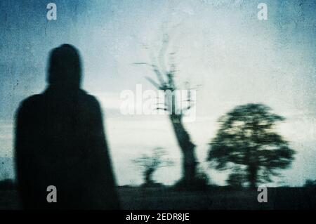 Ein Mann, der an einem gruseligen Wintertag auf dem Land einen Baum auf einem Feld ansieht. Mit einem Grunge, künstlerische Bearbeitung. Stockfoto