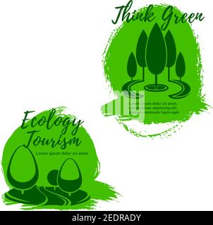 Ökologie und Ökotourismus Icon Set. Grüner Park oder Gartenalleen mit Bäumen und Rasenflächen. Green Travel Symbol, Ökologie und Umweltschutz Labor Stock Vektor