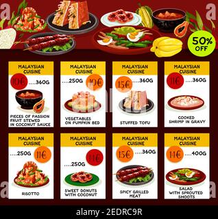 Malaysische Küche Restaurant Menüvorlage. Asian Food Special Offer Flyer mit Text Layouts und Meeresfrüchte Risotto, gebratenen Reis, gegrilltes Fleisch, Fischsalat Stock Vektor