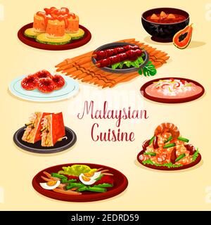 Malaysische Küche Cartoon Poster. Gegrilltes Hähnchen, gebratener Reis mit Bohnen und Garnelen, Risotto mit Meeresfrüchten, Gemüsesalat mit Ei, gefüllter Tofu mit Gurken Stock Vektor