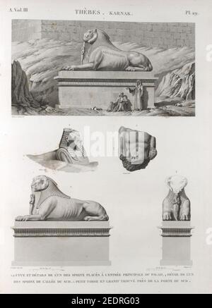 Thèbes. Karnak. 1-3. Vue et détails de l'un des sphinx placés à l'entrée principale du palais; 4. Détail de l'un des sphinx de l'allée du sud; 5. Petit torse en granit trouvé près de la Stockfoto