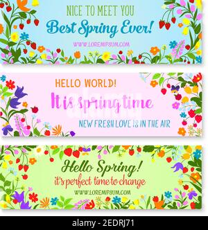 Hallo Frühling und Frühling Zeit Gruß Zitate auf Vektor-Banner gesetzt. Blumenkranz und Blumensträuße aus blühenden Blumen im Frühling, Gartentulpen oder Gänseblümchen Stock Vektor