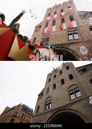 Köln, Deutschland. Februar 2021, 15th. COMBO - die Kombination zweier Einzelbilder zeigt die Severinstorburg, vor der Jecke während des Rosenmontagszuges (o, 24,02.2020) Konfetti aus einem Floß wirft, und den heutigen Rosenmontag. (Zur dpa 'Fastmontag in Köln: Leere Straßen - und ein Düsseldorfer Festwagen') Quelle: Oliver Berg/Rolf Vennenbernd/dpa/Alamy Live News Stockfoto