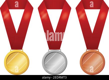 Satz von Medaillen isoliert auf weißem Hintergrund in drei Versionen - Gold, Silber, Bronze. Vektorgrafik. Stock Vektor