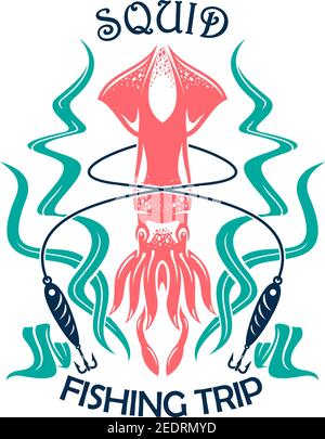 Angelsport-Ikone des Tintenfischs mit Köder, Leine und Algen. Seefischen Reise Symbol, Tintenfisch Angeltour Emblem Design Stock Vektor