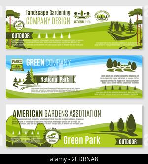 Landschaftsgärtnerei oder Pflanzung Design Firma Banner Vorlagen. Vector Set von Parks und grüne Natur Umwelt Verein und Bäume oder Gärten ho Stock Vektor