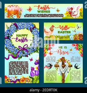 Ostern Urlaub Cartoon Banner Vorlage Set. Osterei auf Gras mit Hasenhase, Frühlingsblume, Kuchen, Huhn, Küken, Osterkreuz mit Blumenkranz Stock Vektor