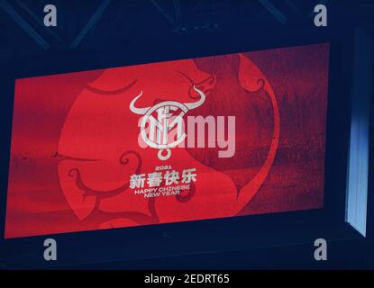 Mailand, Italien. Februar 2021, 14th. Mailand, Italien, Giuseppe Meazza Stadion, 14. Februar 2021, Inter Happy Chinese New Year during FC Internazionale vs SS Lazio - Italian Football Serie A match Credit: Fabrizio Carabelli/LPS/ZUMA Wire/Alamy Live News Stockfoto