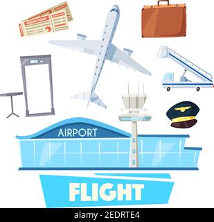 Cartoon-Symbol für Flughafen- und Flugservice. Flughafengebäude mit Flugzeug, Flugticket, Gepäck, Sicherheitstor und mobilen Passagiertreppen. Lufttouris Stock Vektor