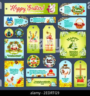 Ostern Grußkarten mit Ostereiern, Hase und Kuchen, Frühlingsblumen im Weidenkorb, Kruzifix Passoverlamm und Schwalben. Happy Easter Vektor-Tag Stock Vektor