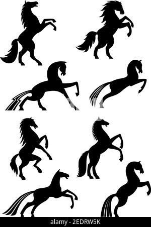 Pferde Ikonen oder Silhouetten von schwarzen heraldischen Pferdeemblemen. Vector Mustang Rennen, Laufen oder Aufzucht und Springen oder Stampfen HUF für Pferdesport r Stock Vektor