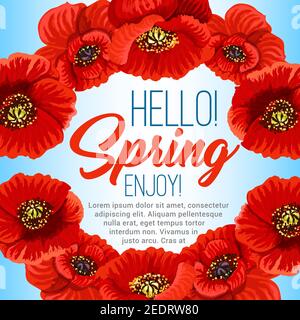 Hello Spring Poster Design von Mohn Blumen Kranz oder Blumenrahmen. Vektor Gruß Zitate Design für Frühlingsferien mit blühenden Blumenstrauß Stock Vektor
