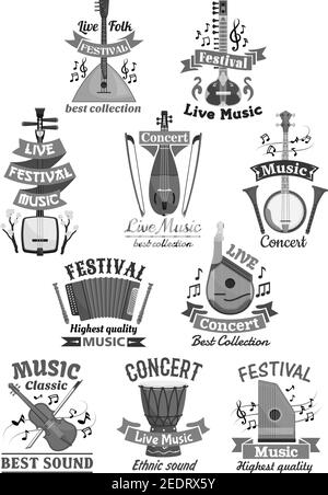 Live-Musik-Festival oder Konzert-Ikonen. Vector Musikinstrumente Geige Geige und Balalaika, Flöte und Akkordeon oder Harmonic. Satz Laute oder biwa und Stock Vektor