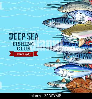 Seefischerklub-Poster. Fishing Sport Club Banner mit Seefischskizzen von Marlin, Thunfisch, Lachs, Makrele, Flunder, Hering und Sprotte auf blauem Wasser Stock Vektor