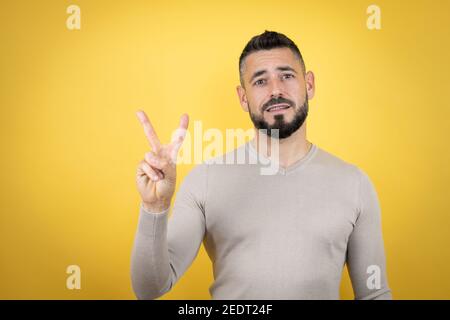 Schöner Mann mit Bart trägt Pullover über gelben Hintergrund zeigt Und mit den Fingern Nummer zwei nach oben zeigen und dabei selbstbewusst lächeln Und glücklich Stockfoto