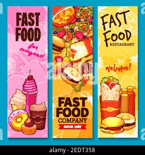 Fast Food Skizze Willkommens Banner oder Menü. Vector Burger Sandwiches, Desserts und Pizza. Fastfood pommes frites, Burrito Döner und Kebab, Eis, do Stock Vektor