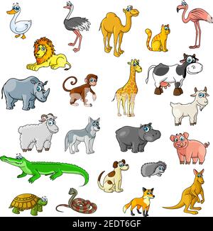Cartoon Tiere und Haustiere. Ente, Strauß- und Flamingovögel, Kamel und Katze, Löwe, Kuh und Nashorn, Affe und afrikanische Giraffe. Vektor-isoliertes Symbol von GO Stock Vektor