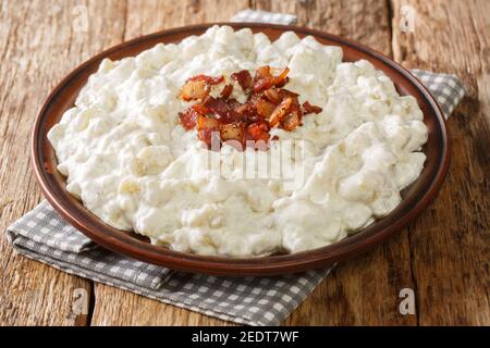 Slowakische Nationalgericht Bryndzove halusky wird aus kleinen Kartoffelknödel und einer cremigen Käsesoße in der Nähe auf dem Teller auf dem Tisch gemacht. Horizontal Stockfoto