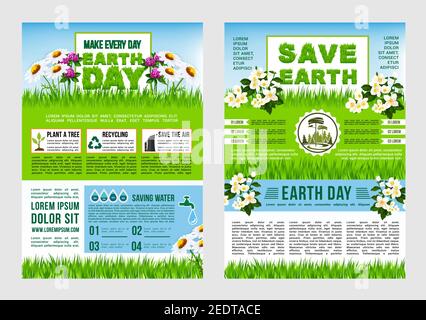 Earth Day, Save Planet Informationen Poster Vorlage. Grüne Tipps, um Erde Text-Layout mit Recycling zu speichern, Wasser zu sparen, Pflanzen Bäume und speichern Luft Symbole Stock Vektor