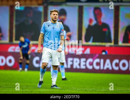 Mailand, Italien. Februar 2021, 14th. Mailand, Italien, Giuseppe Meazza Stadion, 14. Februar 2021, Ciro immobile der SS Lazio reagiert während FC Internazionale gegen SS Lazio - Italienische Fußball Serie A Spiel Credit: Fabrizio Carabelli/LPS/ZUMA Wire/Alamy Live News Stockfoto