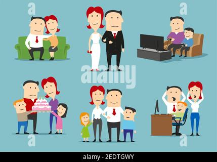 Familie in verschiedenen Lebensstadien Cartoon-Set. Liebevolles Paar Zeit zusammen verbringen, Vater, Mutter, Sohn und Tochter Geburtstag mit Kuchen feiern, pl Stock Vektor