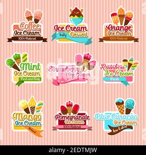 Eisaufkleber. Eis Geschmack Sorten von Fruchteis, Minze und Erdbeere weiches Eis, gefrorenen Granatapfelsaft und Mango-Eisbecher oder Kaffee Sorbet mit Stock Vektor