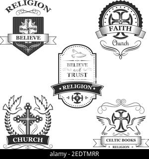 Kirche Zeichen gesetzt. Christliche Religion Symbol des Kreuzes auf Wappschild mit fliegenden Taubenvogel, Band Banner und Lorbeerkranz. Osterfeiertage Abzeichen, Stock Vektor