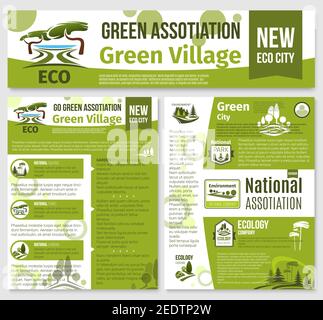 Green Environment Association Vorlagen für Poster oder Landing Web-Seite. Ökologie, städtische Plätze Bäume Garten und Garten im Freien Grün oder Park ein Stock Vektor