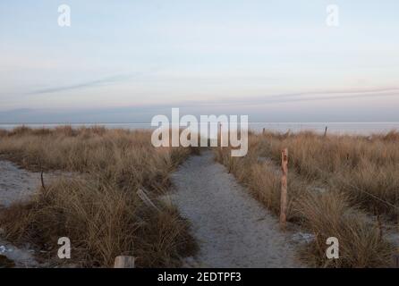 firo: 14.02.2021 Land und Leute, Winter, Hohwachter Bay, Alt-Hohwacht an der Ostsee, Strandeingang, Gras, Schleswig-Holstein, Wetter, Landschaft, Winter, weltweite Nutzung Stockfoto